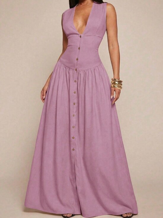 Dresses & Skirts - Purple Elegant Women's Minimalist V-Neck Cinched Button Front Shirt dress